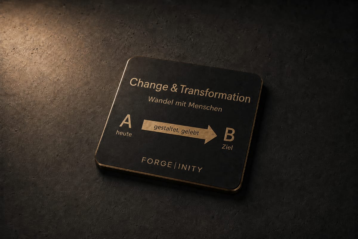 Gravierte Messingtafel mit dem Schriftzug Change und Transformation